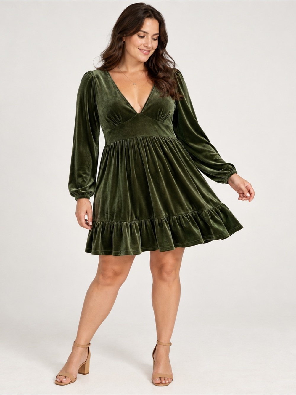 HALARA Olive Green Velvet V-Neck Long Sleeve Dress
